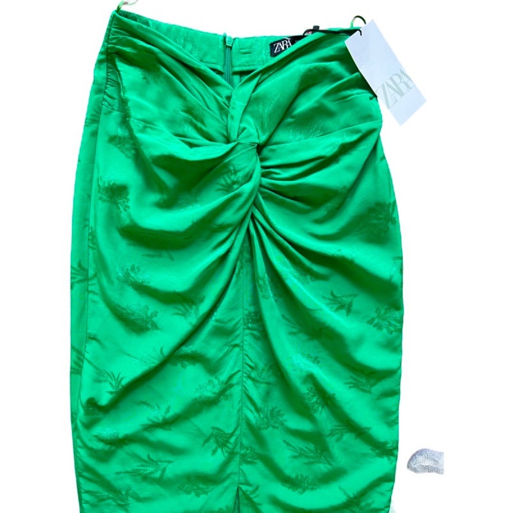 Zara high waisted knotted green silky skirt NWT